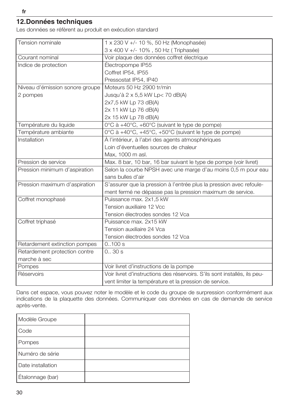 Données techniques | Xylem 2 Pump Booster Sets GXS20, GMD20, GMY20 User Manual | Page 30 / 88
