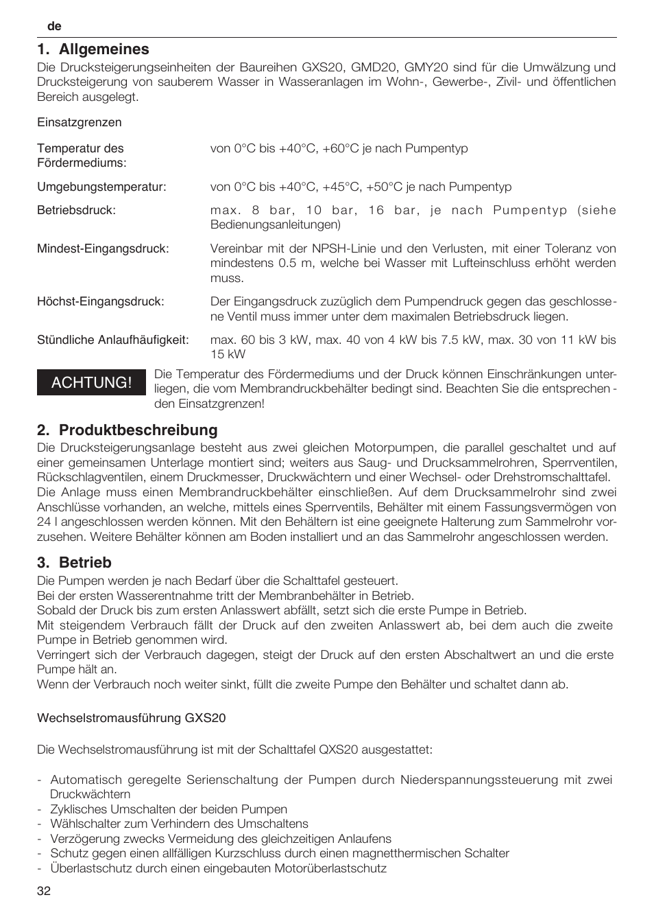 Allgemeines, Achtung, Produktbeschreibung | Betrieb | Xylem 2 Pump Booster Sets GXS20, GMD20, GMY20 User Manual | Page 32 / 88