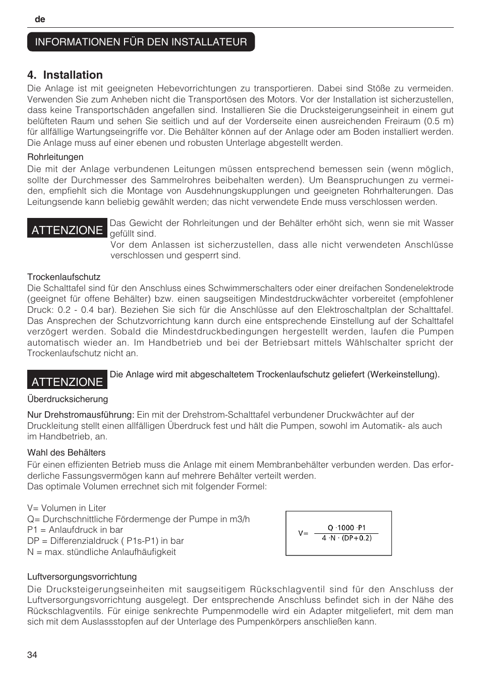 Installation, Attenzione | Xylem 2 Pump Booster Sets GXS20, GMD20, GMY20 User Manual | Page 34 / 88