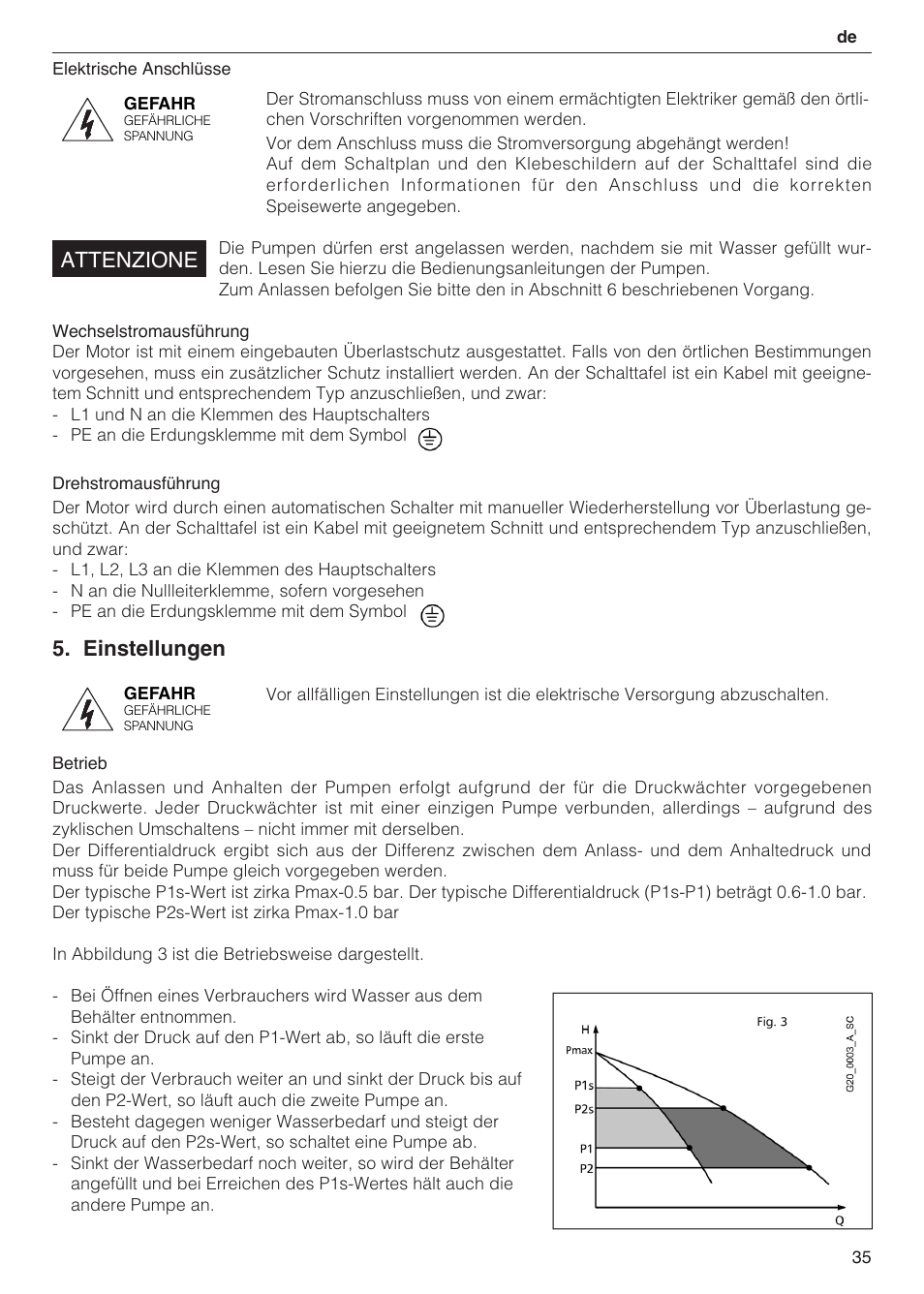 Einstellungen, Attenzione | Xylem 2 Pump Booster Sets GXS20, GMD20, GMY20 User Manual | Page 35 / 88