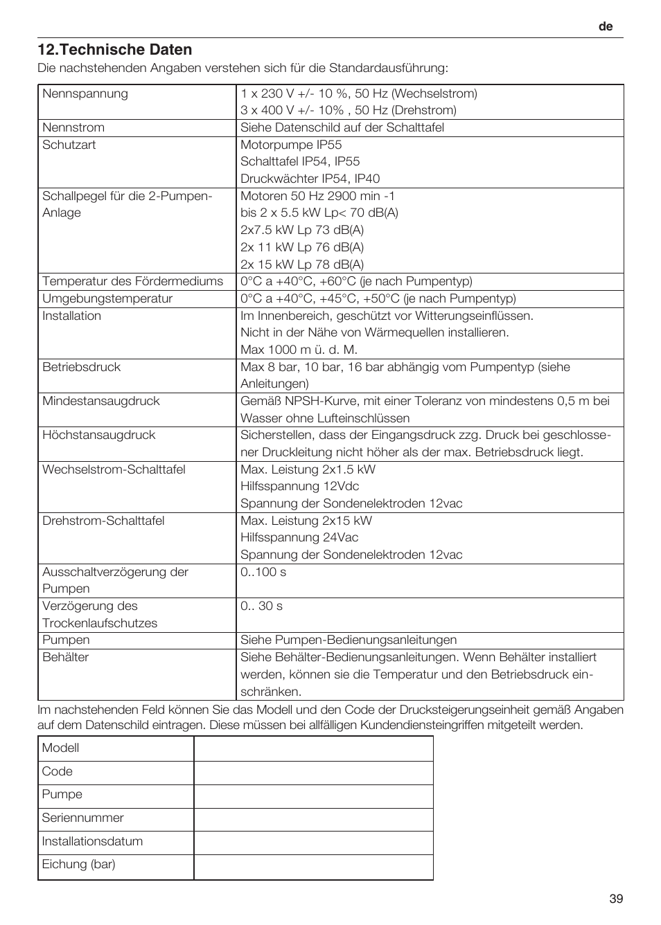 Technische daten | Xylem 2 Pump Booster Sets GXS20, GMD20, GMY20 User Manual | Page 39 / 88