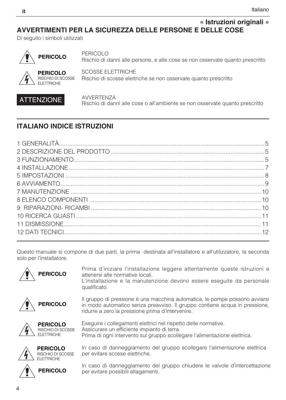 Attenzione, Italiano indice istruzioni | Xylem 2 Pump Booster Sets GXS20, GMD20, GMY20 User Manual | Page 4 / 88