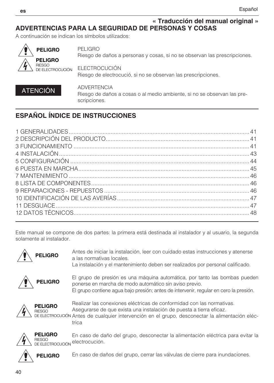 Atención, Español índice de instrucciones | Xylem 2 Pump Booster Sets GXS20, GMD20, GMY20 User Manual | Page 40 / 88