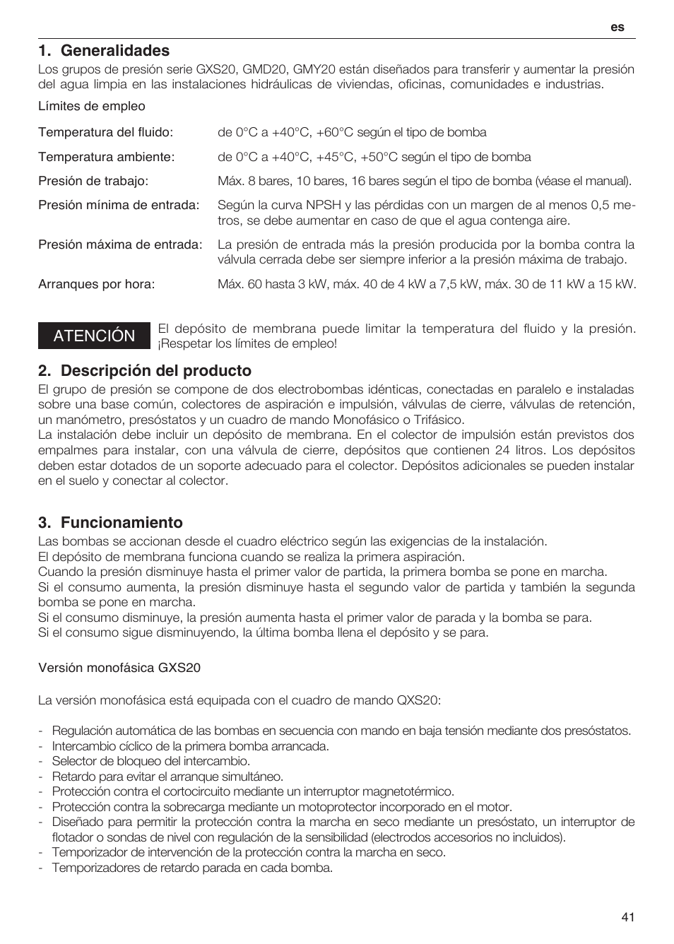 Generalidades, Atención, Descripción del producto | Funcionamiento | Xylem 2 Pump Booster Sets GXS20, GMD20, GMY20 User Manual | Page 41 / 88
