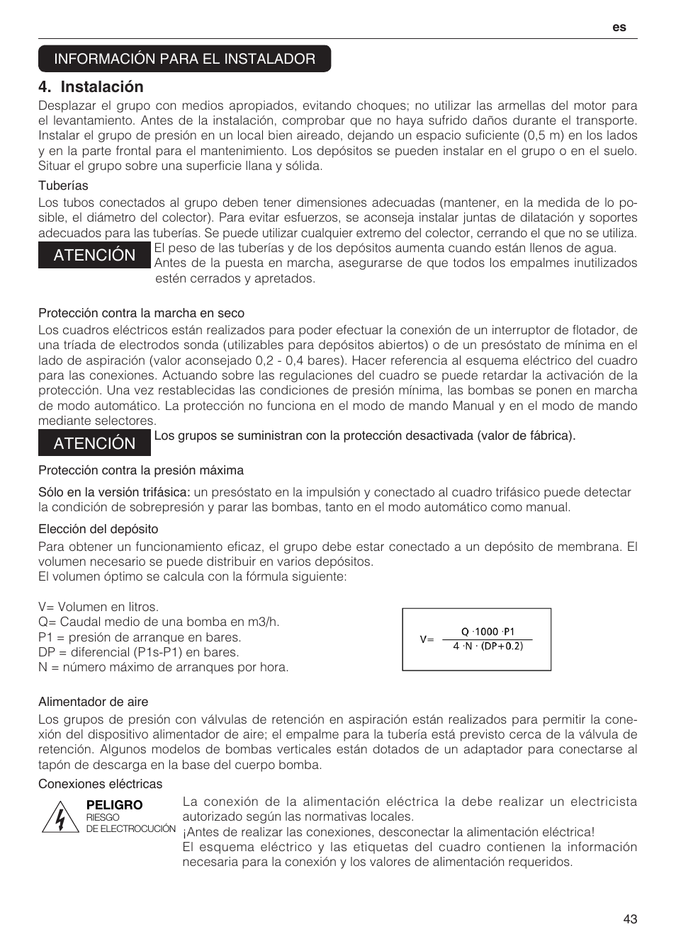 Instalación, Atención | Xylem 2 Pump Booster Sets GXS20, GMD20, GMY20 User Manual | Page 43 / 88