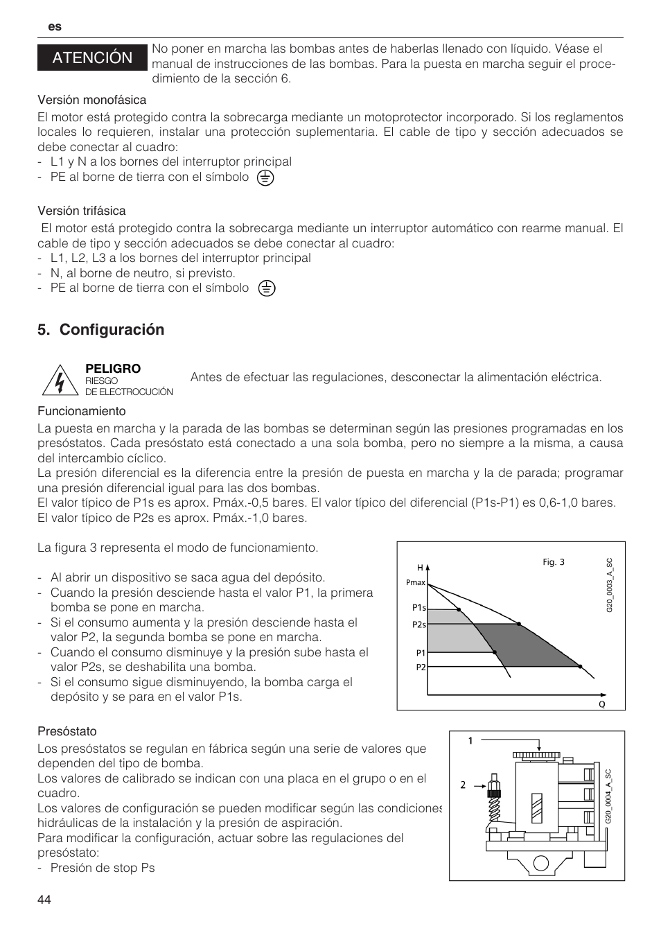 Configuración, Atención | Xylem 2 Pump Booster Sets GXS20, GMD20, GMY20 User Manual | Page 44 / 88