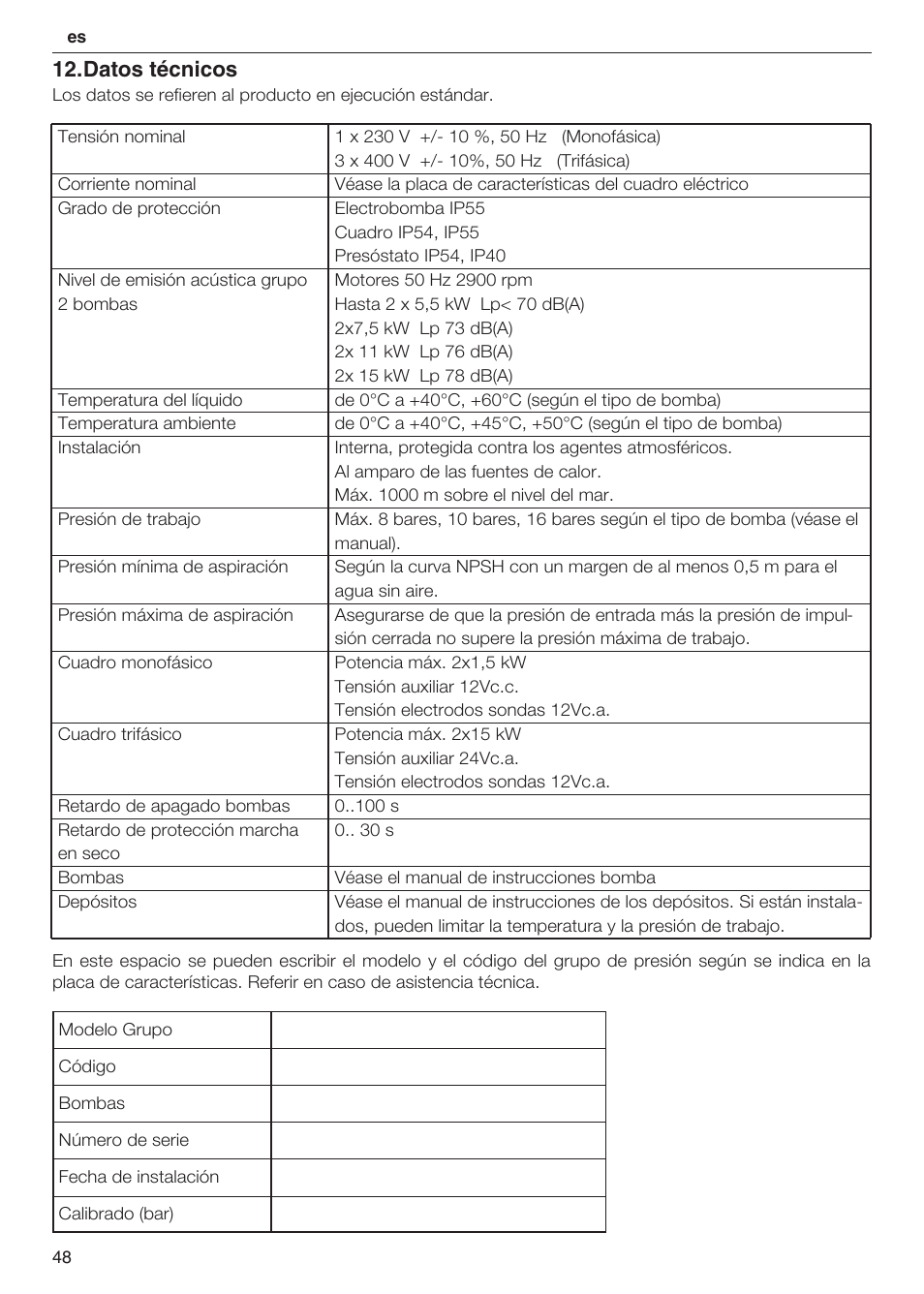 Datos técnicos | Xylem 2 Pump Booster Sets GXS20, GMD20, GMY20 User Manual | Page 48 / 88