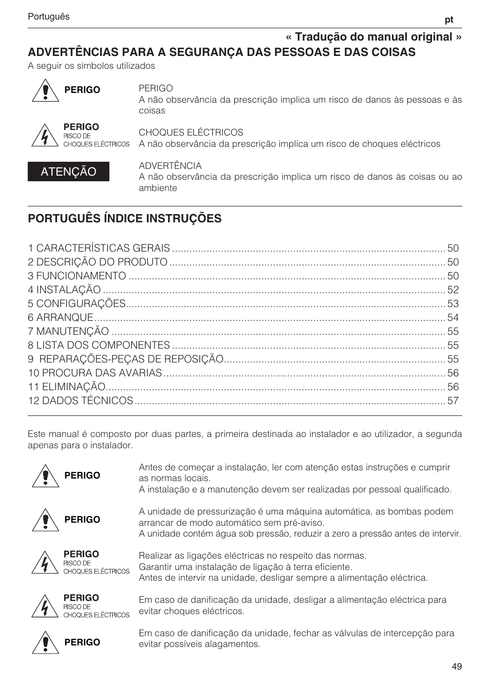 Português índice instruções, Atenção | Xylem 2 Pump Booster Sets GXS20, GMD20, GMY20 User Manual | Page 49 / 88