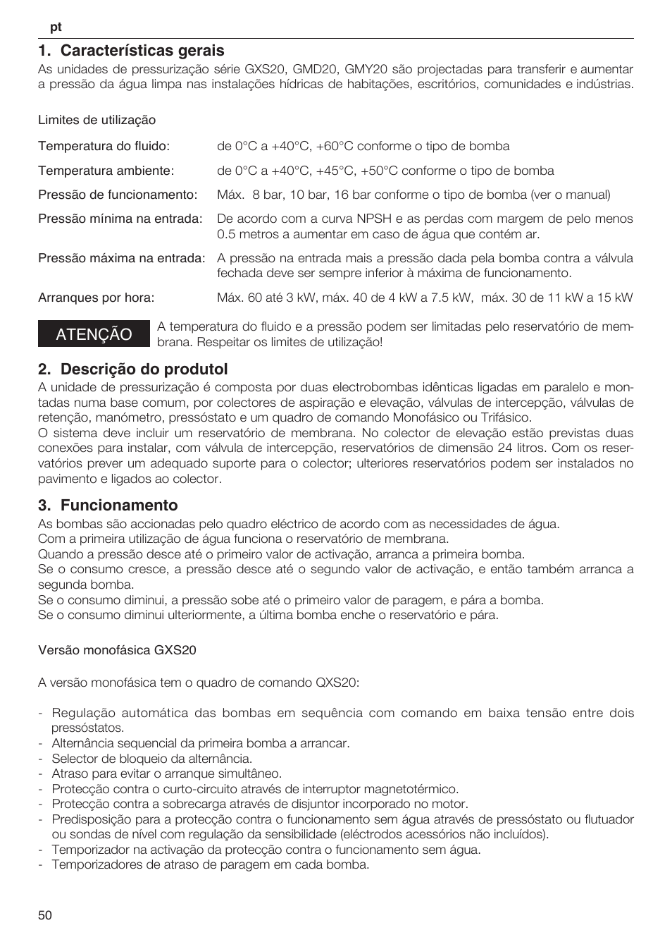 Características gerais, Atenção, Descrição do produtoi | Funcionamento | Xylem 2 Pump Booster Sets GXS20, GMD20, GMY20 User Manual | Page 50 / 88