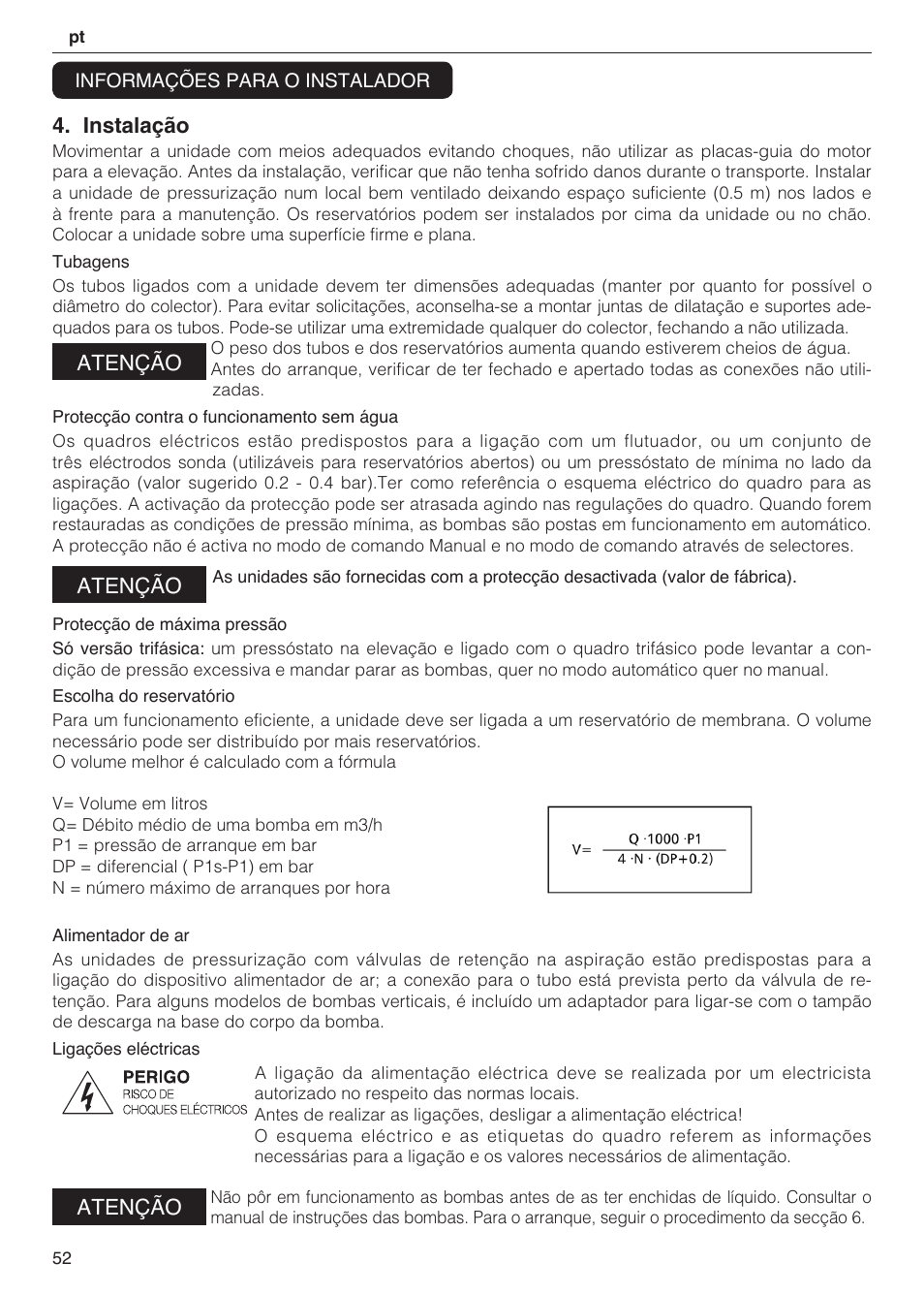 Instalação, Atenção | Xylem 2 Pump Booster Sets GXS20, GMD20, GMY20 User Manual | Page 52 / 88