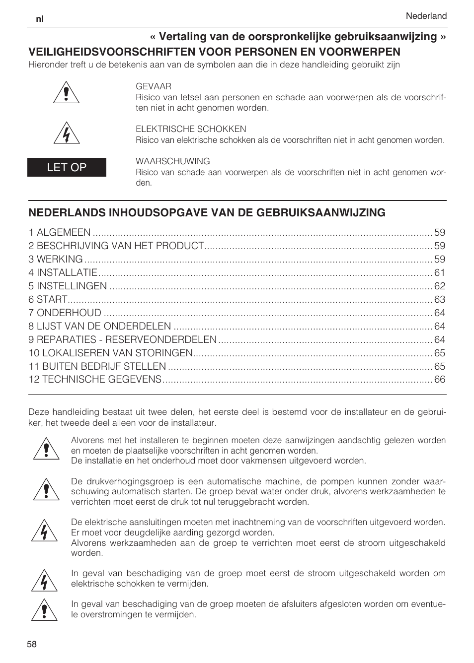 Nederlands inhoudsopgave van de gebruiksaanwijzing, Let op | Xylem 2 Pump Booster Sets GXS20, GMD20, GMY20 User Manual | Page 58 / 88