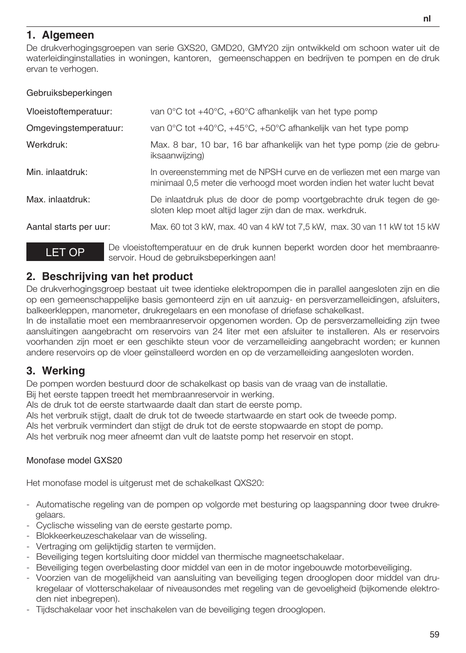 Algemeen, Let op, Beschrijving van het product | Werking | Xylem 2 Pump Booster Sets GXS20, GMD20, GMY20 User Manual | Page 59 / 88