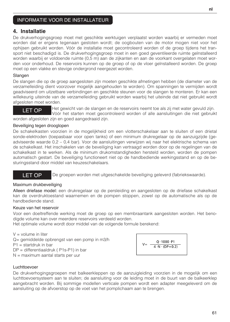 Installatie, Let op | Xylem 2 Pump Booster Sets GXS20, GMD20, GMY20 User Manual | Page 61 / 88
