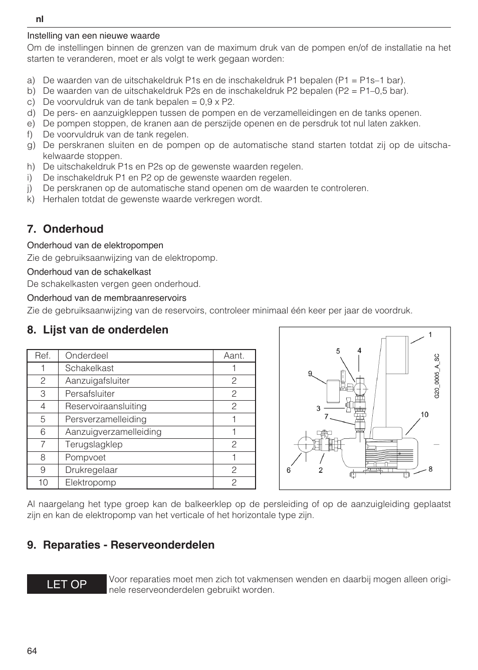 Onderhoud, Lijst van de onderdelen, Reparaties - reserveonderdelen let op | Xylem 2 Pump Booster Sets GXS20, GMD20, GMY20 User Manual | Page 64 / 88