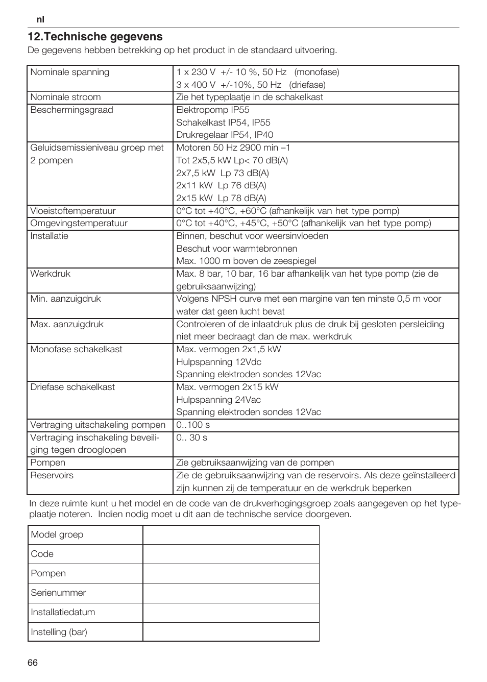 Technische gegevens | Xylem 2 Pump Booster Sets GXS20, GMD20, GMY20 User Manual | Page 66 / 88