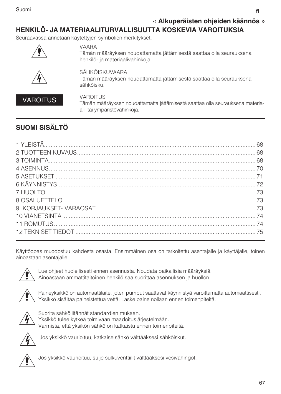 Varoitus, Suomi sisältö | Xylem 2 Pump Booster Sets GXS20, GMD20, GMY20 User Manual | Page 67 / 88