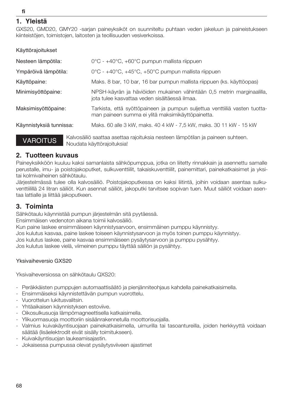 Yleistä, Varoitus, Tuotteen kuvaus | Toiminta | Xylem 2 Pump Booster Sets GXS20, GMD20, GMY20 User Manual | Page 68 / 88
