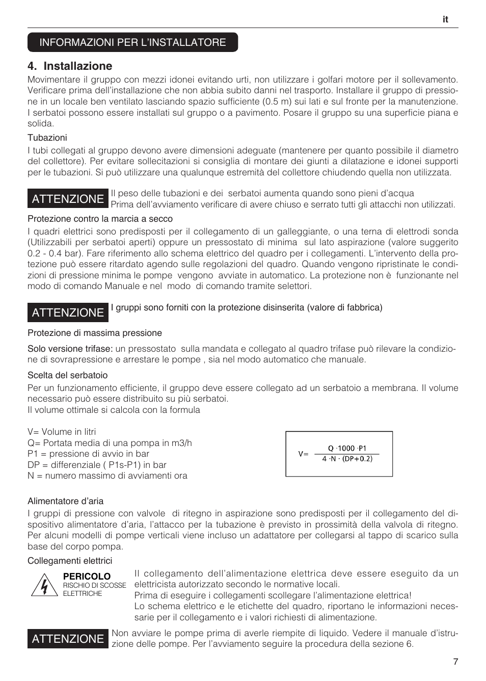 Installazione, Attenzione | Xylem 2 Pump Booster Sets GXS20, GMD20, GMY20 User Manual | Page 7 / 88