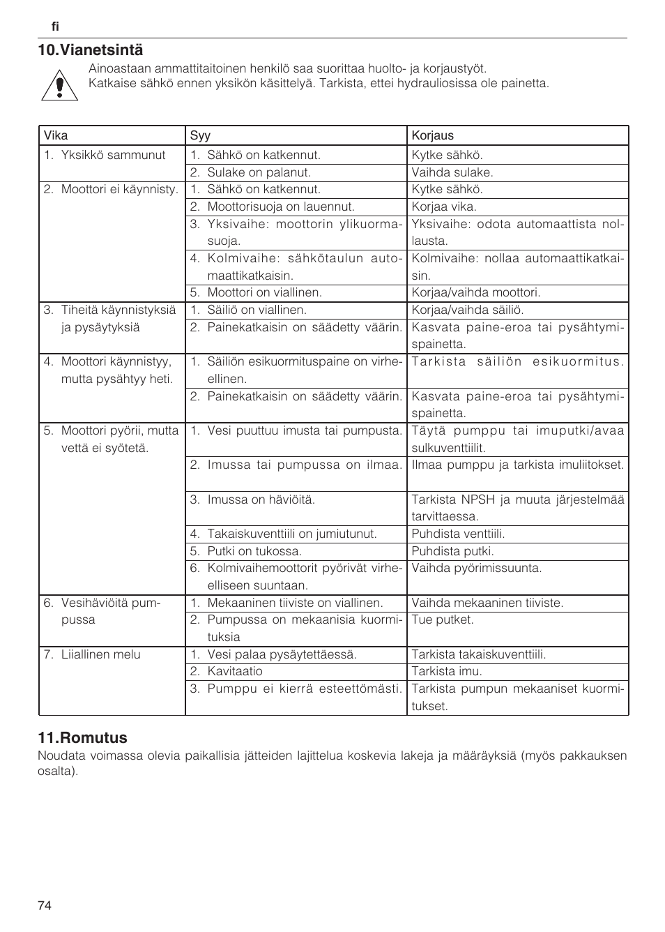 Vianetsintä, Romutus | Xylem 2 Pump Booster Sets GXS20, GMD20, GMY20 User Manual | Page 74 / 88