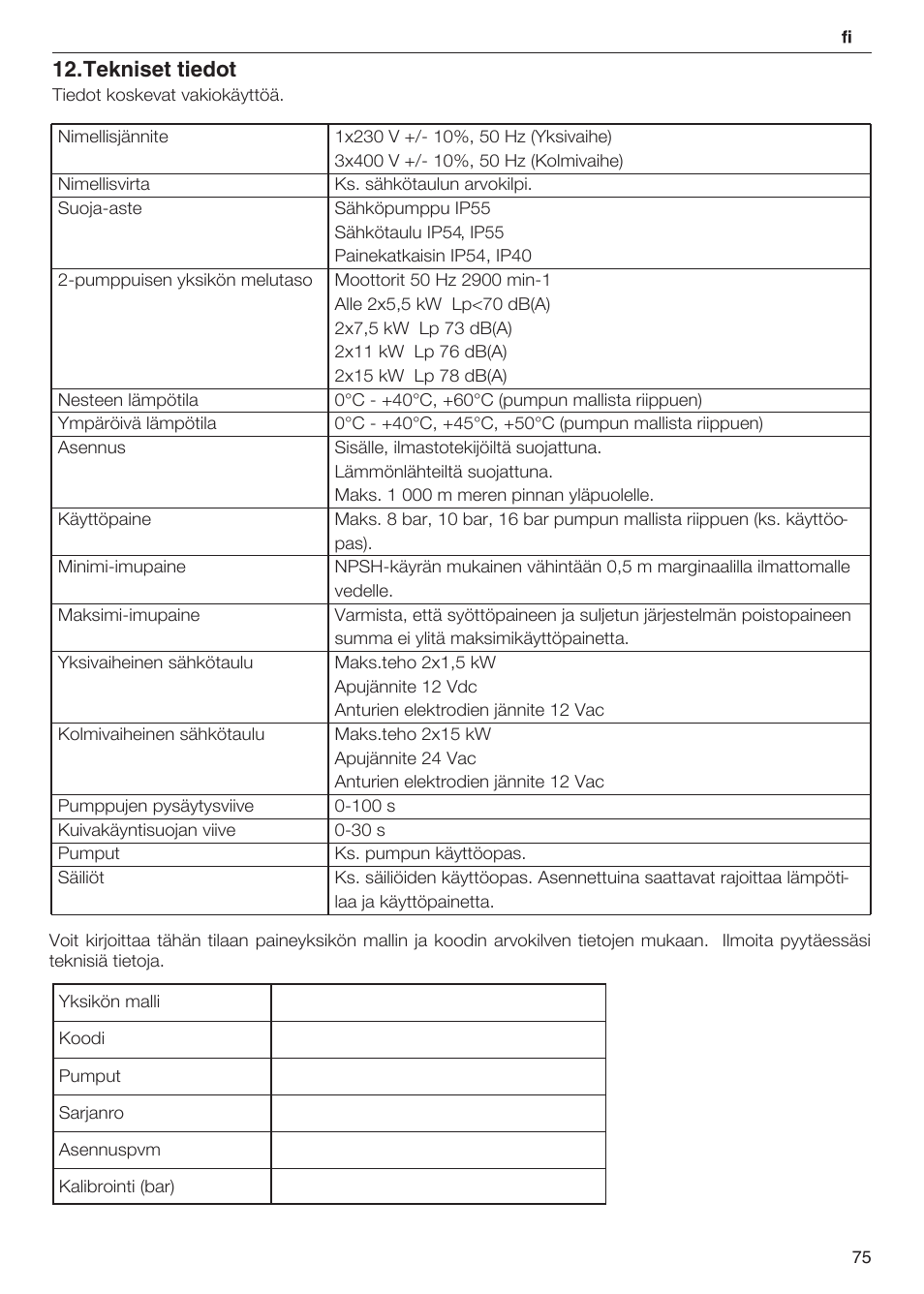 Tekniset tiedot | Xylem 2 Pump Booster Sets GXS20, GMD20, GMY20 User Manual | Page 75 / 88