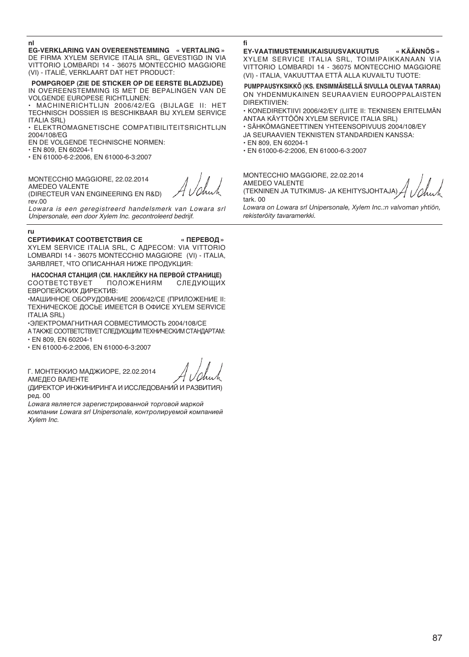 Xylem 2 Pump Booster Sets GXS20, GMD20, GMY20 User Manual | Page 87 / 88