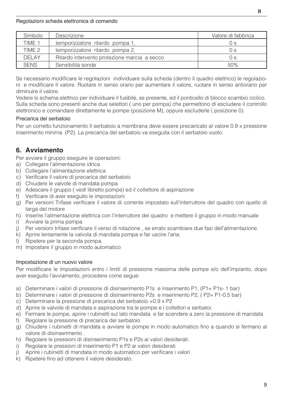 Avviamento | Xylem 2 Pump Booster Sets GXS20, GMD20, GMY20 User Manual | Page 9 / 88