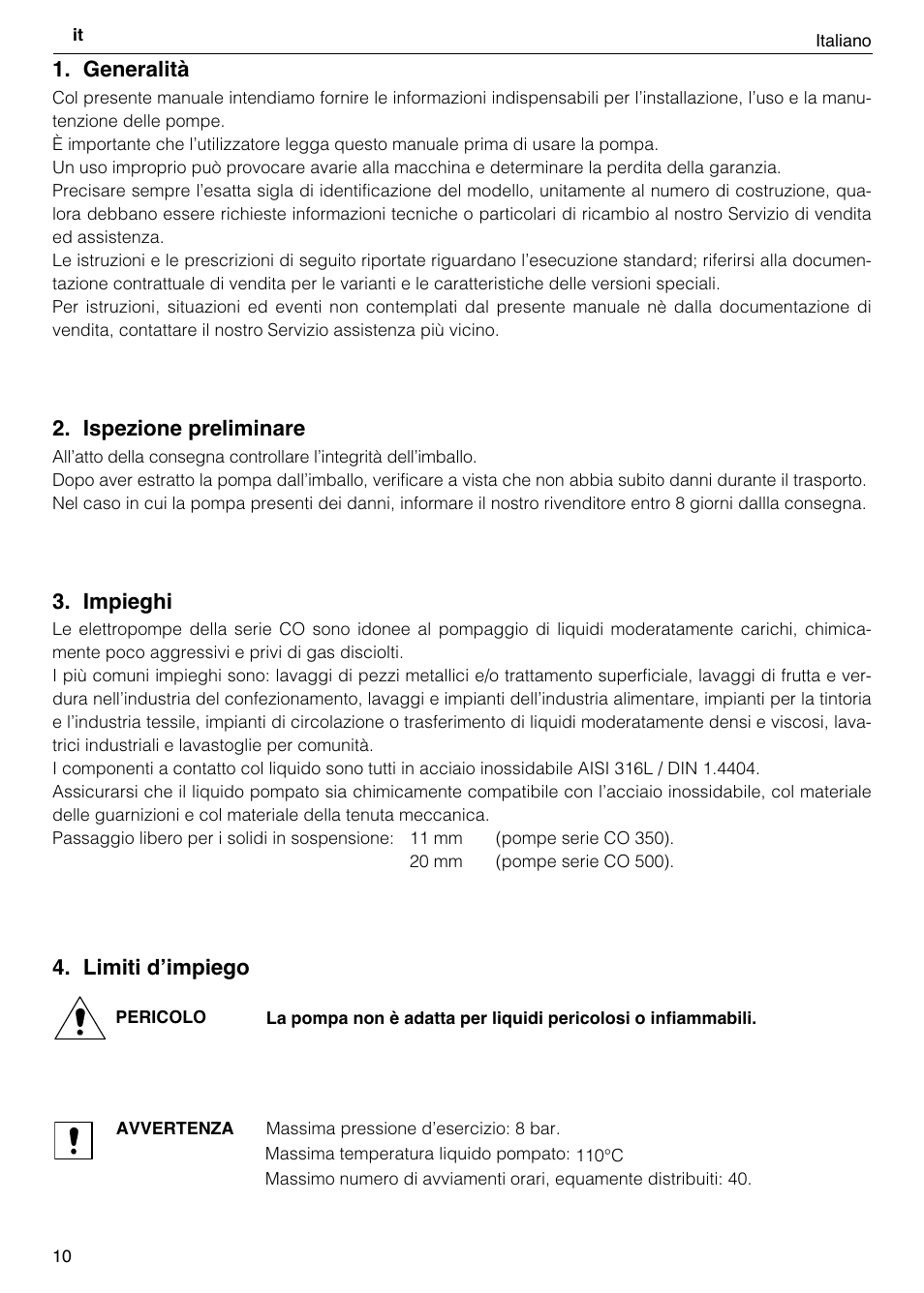Generalità, Ispezione preliminare, Impieghi | Limiti dʼimpiego | Xylem CO COM IM User Manual | Page 10 / 68