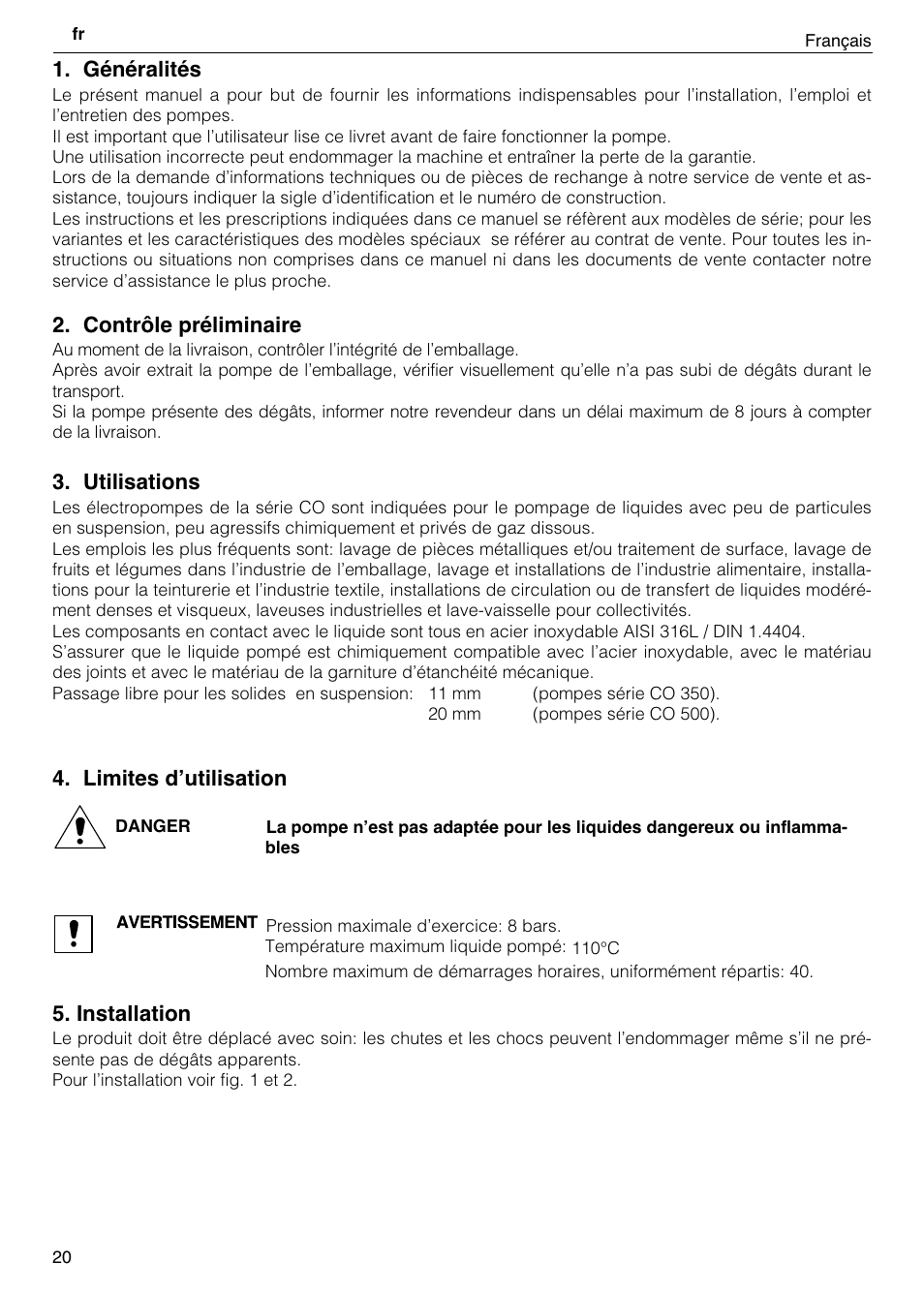 Généralités, Contrôle préliminaire, Utilisations | Limites dʼutilisation, Installation | Xylem CO COM IM User Manual | Page 20 / 68