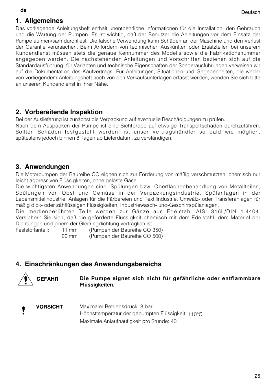 Allgemeines, Vorbereitende inspektion, Anwendungen | Einschränkungen des anwendungsbereichs | Xylem CO COM IM User Manual | Page 25 / 68