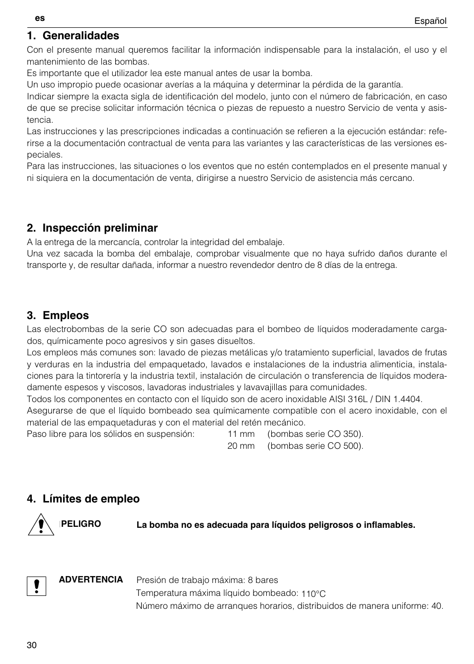 Generalidades, Inspección preliminar, Empleos | Límites de empleo | Xylem CO COM IM User Manual | Page 30 / 68