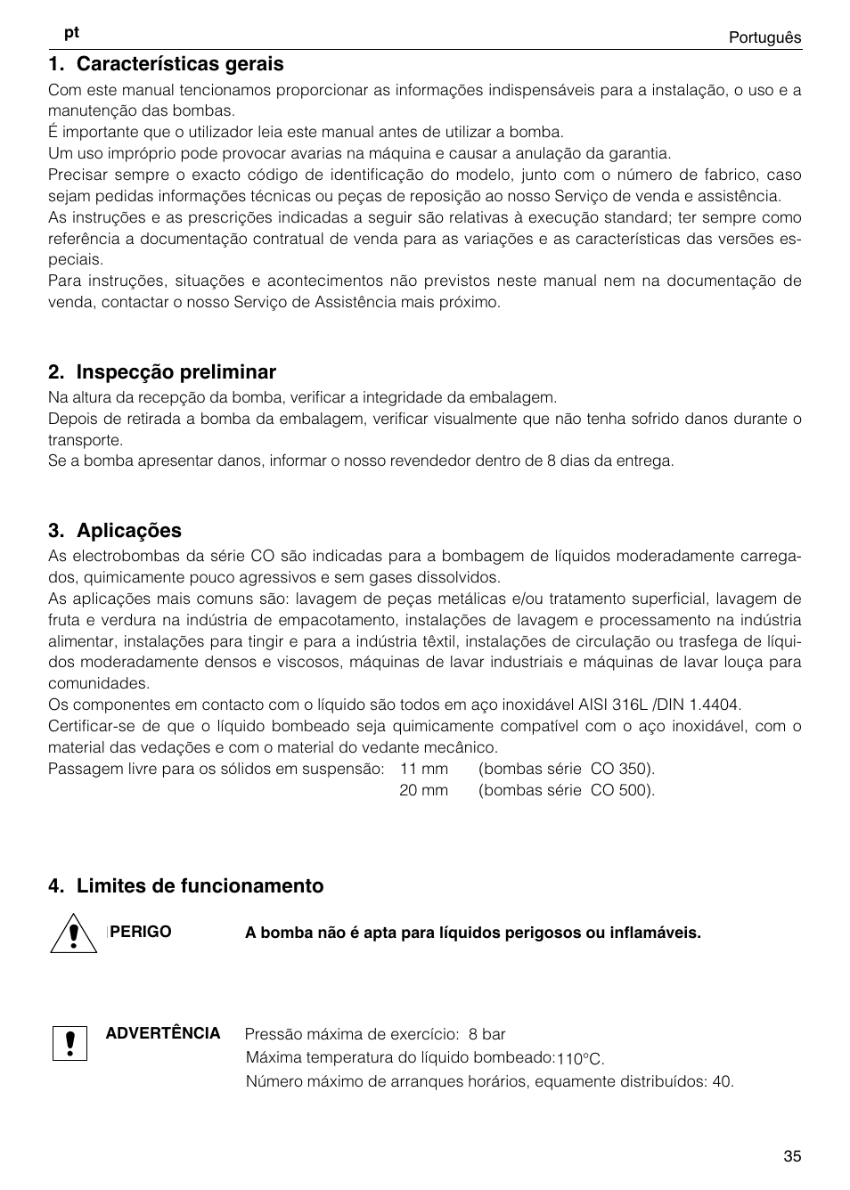 Características gerais, Inspecção preliminar, Aplicações | Limites de funcionamento | Xylem CO COM IM User Manual | Page 35 / 68