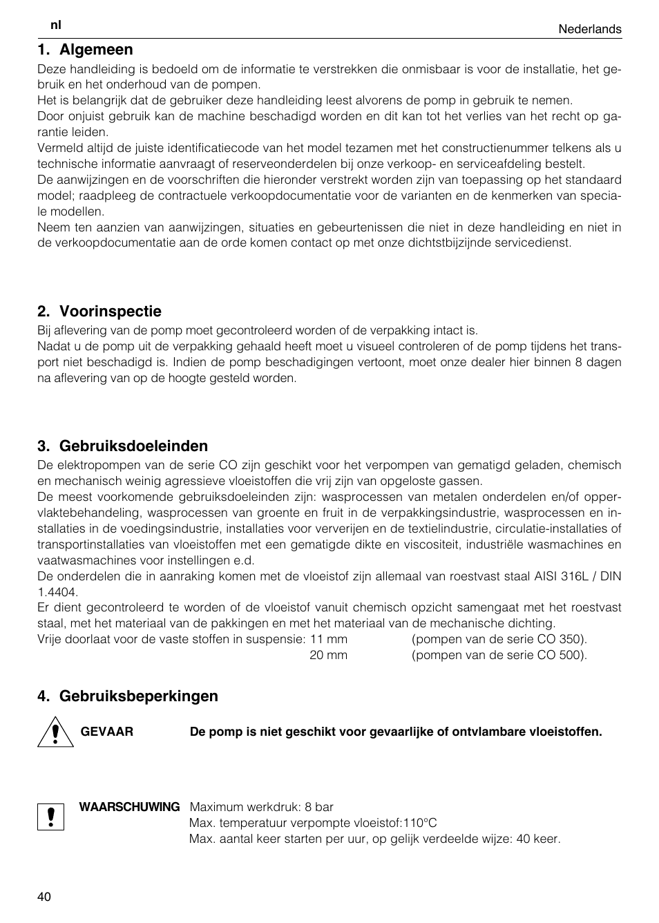 Algemeen, Voorinspectie, Gebruiksdoeleinden | Gebruiksbeperkingen | Xylem CO COM IM User Manual | Page 40 / 68