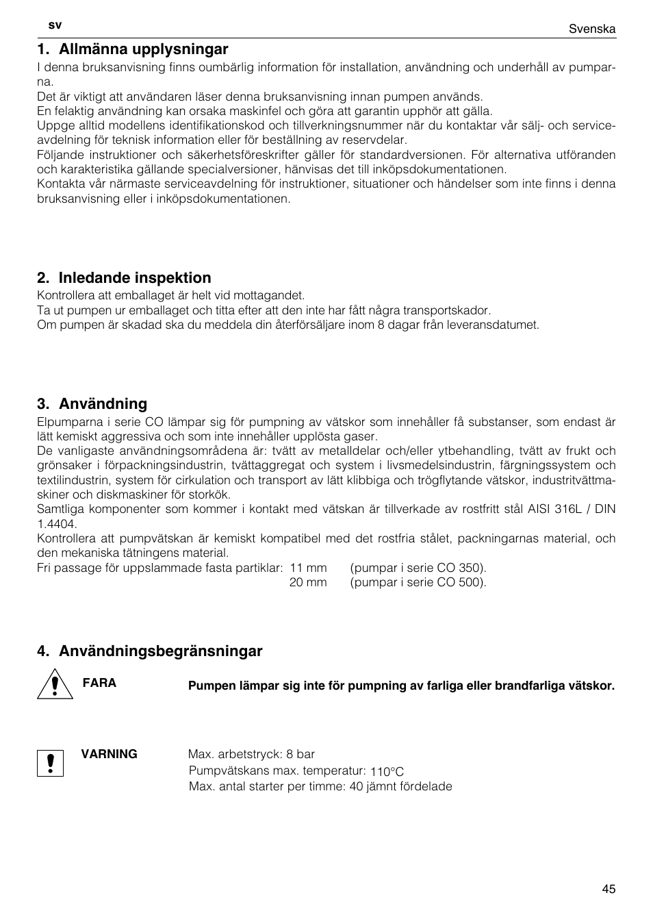 Allmänna upplysningar, Inledande inspektion, Användning | Användningsbegränsningar | Xylem CO COM IM User Manual | Page 45 / 68