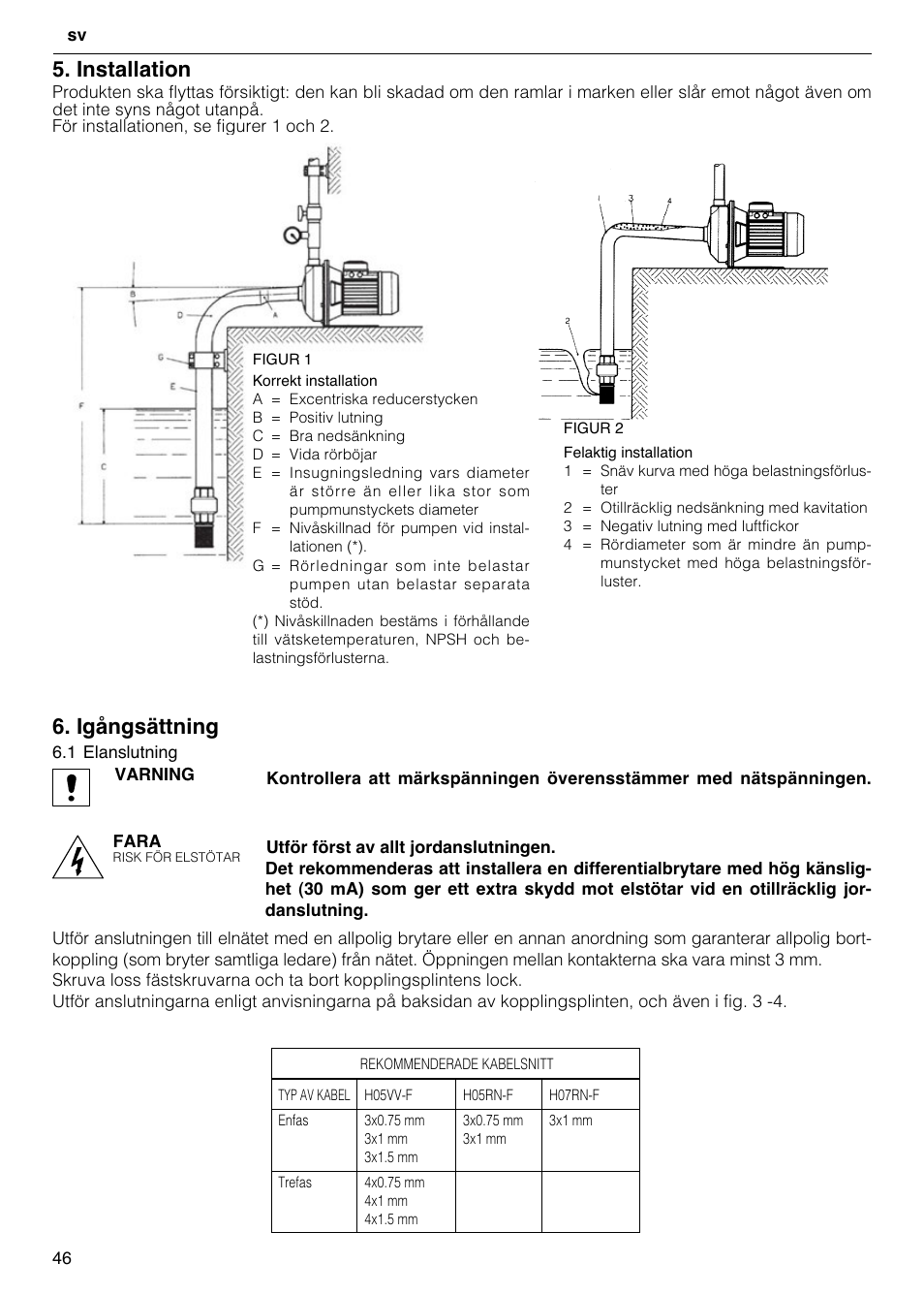 Installation, Igångsättning | Xylem CO COM IM User Manual | Page 46 / 68