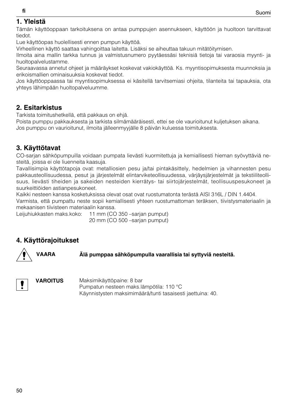 Yleistä, Esitarkistus, Käyttötavat | Käyttörajoitukset | Xylem CO COM IM User Manual | Page 50 / 68