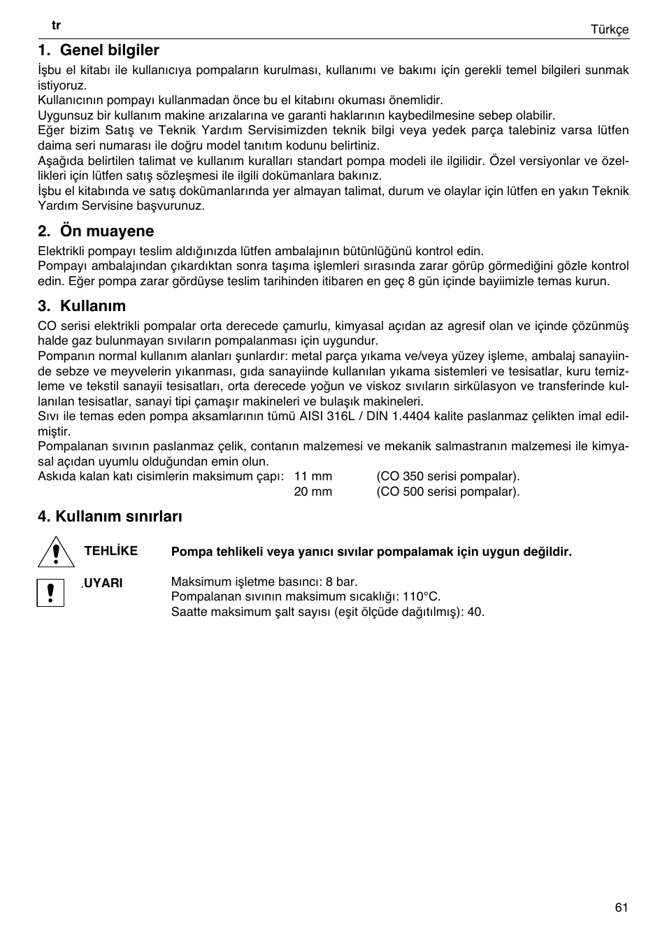 Genel bilgiler, Ön muayene, Kullanım | Kullanım sınırları | Xylem CO COM IM User Manual | Page 61 / 68