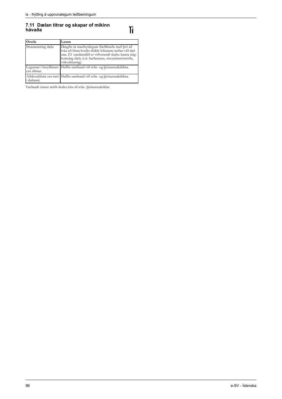 11 dælan titrar og skapar of mikinn hávaða | Xylem e-SV User Manual | Page 100 / 280
