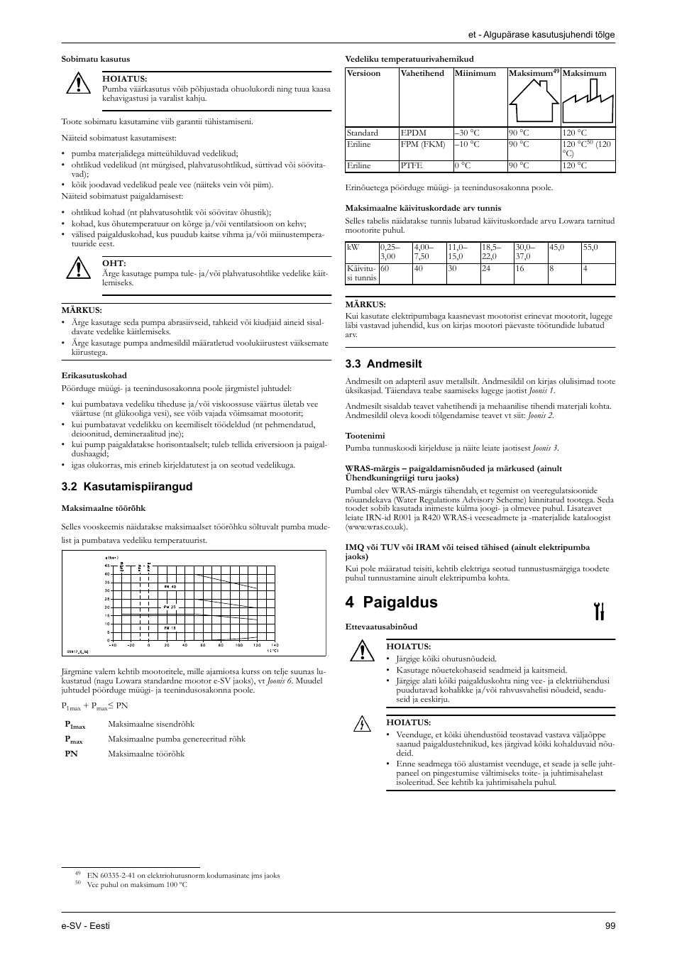 Sobimatu kasutus, Erikasutuskohad, 2 kasutamispiirangud | 3 andmesilt, Tootenimi, 4 paigaldus, Ettevaatusabinõud, Aigaldus | Xylem e-SV User Manual | Page 103 / 280