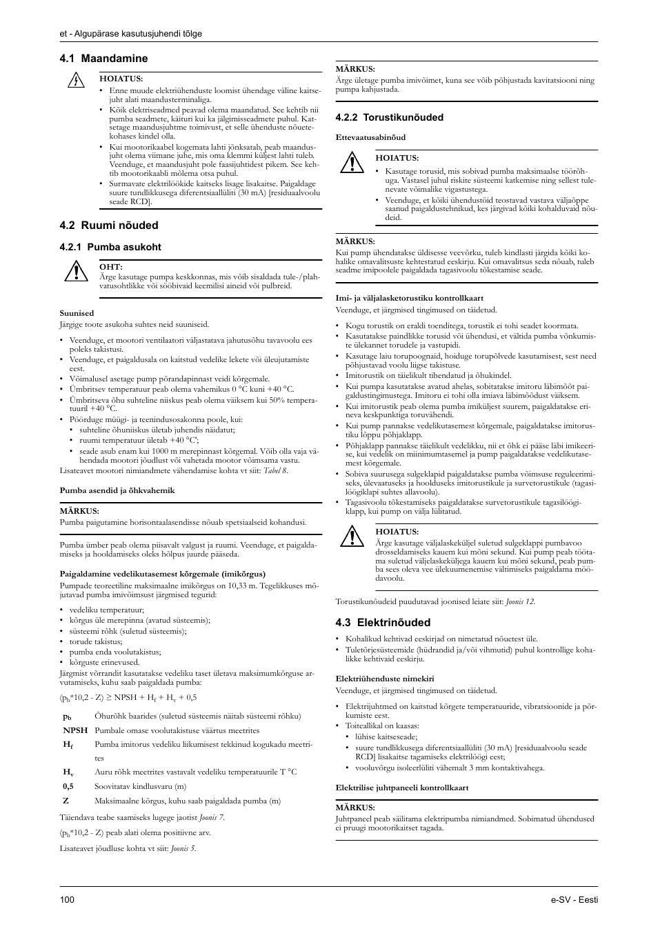 1 maandamine, 2 ruumi nõuded, 1 pumba asukoht | 2 torustikunõuded, 3 elektrinõuded | Xylem e-SV User Manual | Page 104 / 280