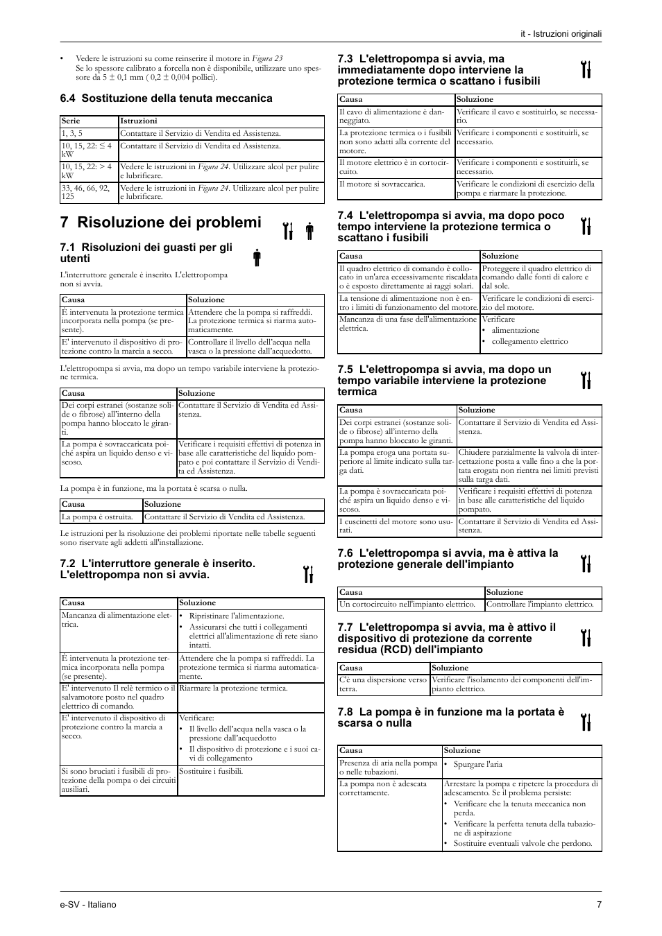 4 sostituzione della tenuta meccanica, 7 risoluzione dei problemi, 1 risoluzioni dei guasti per gli utenti | Risoluzione dei, Problemi | Xylem e-SV User Manual | Page 11 / 280