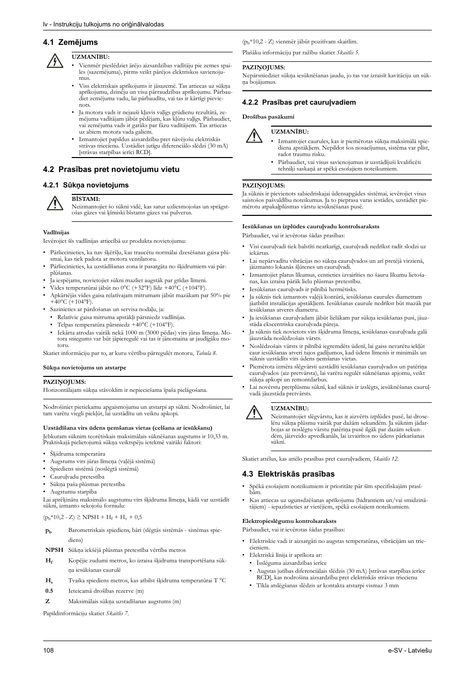 1 zemējums, 2 prasības pret novietojumu vietu, 1 sūkņa novietojums | 2 prasības pret cauruļvadiem, 3 elektriskās prasības | Xylem e-SV User Manual | Page 112 / 280