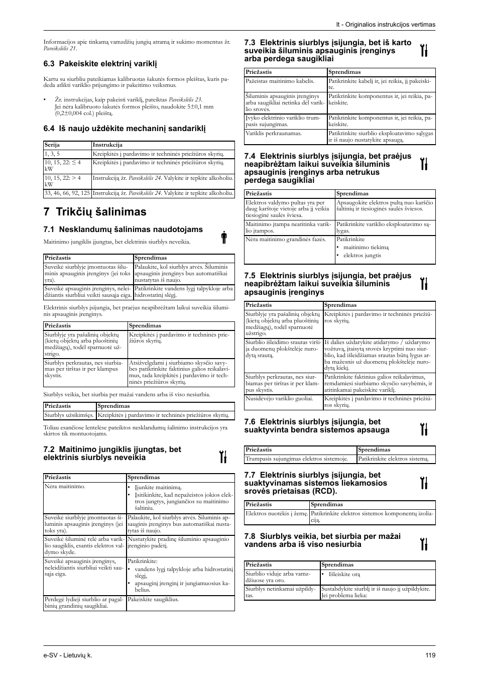 3 pakeiskite elektrinį variklį, 4 iš naujo uždėkite mechaninį sandariklį, 7 trikčių šalinimas | 1 nesklandumų šalinimas naudotojams, Rikčių šalinimas, Trikčių šalinimas | Xylem e-SV User Manual | Page 123 / 280