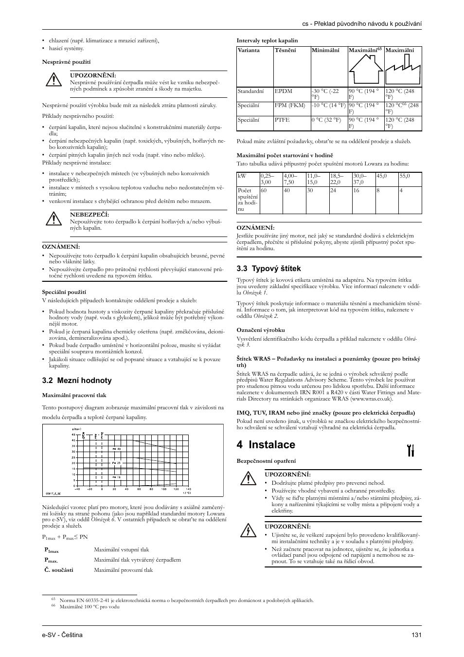 Nesprávné použití, Speciální použití, 2 mezní hodnoty | 3 typový štítek, Označení výrobku, 4 instalace, Bezpečnostní opatření | Xylem e-SV User Manual | Page 135 / 280