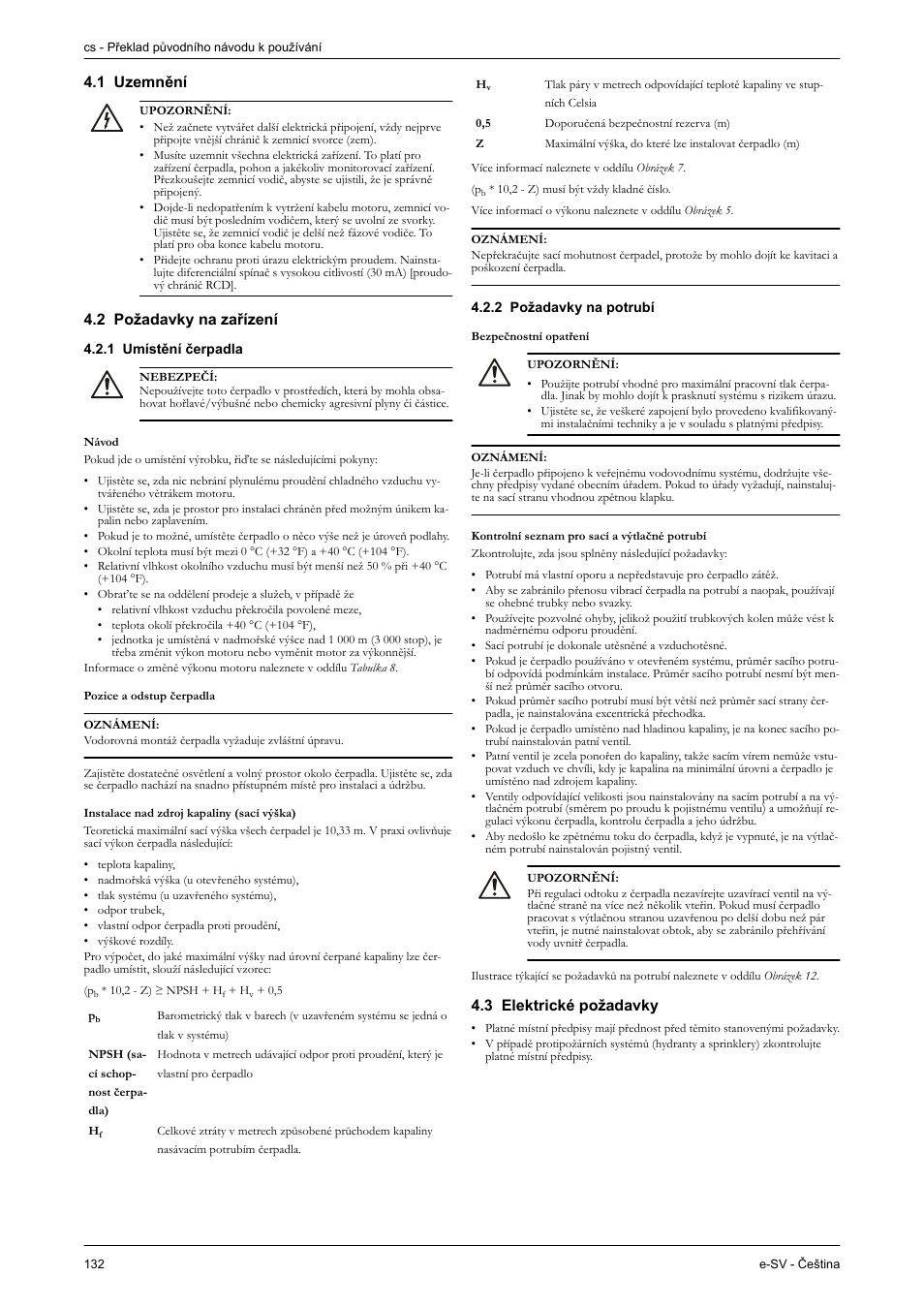 1 uzemnění, 2 požadavky na zařízení, 1 umístění čerpadla | 2 požadavky na potrubí, 3 elektrické požadavky | Xylem e-SV User Manual | Page 136 / 280