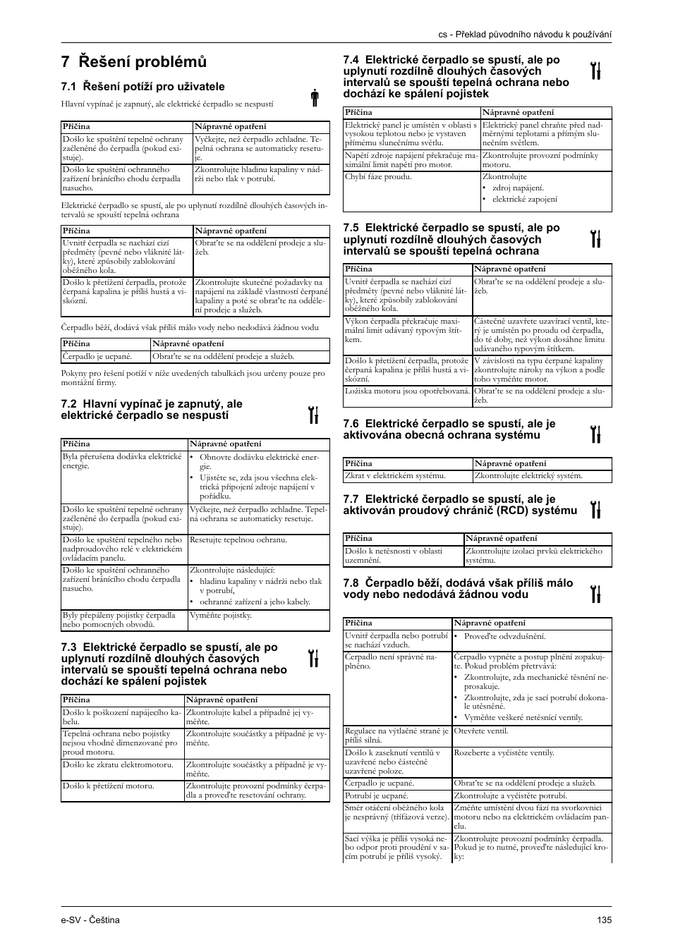 1 řešení potíží pro uživatele, 7 řešení problémů | Xylem e-SV User Manual | Page 139 / 280