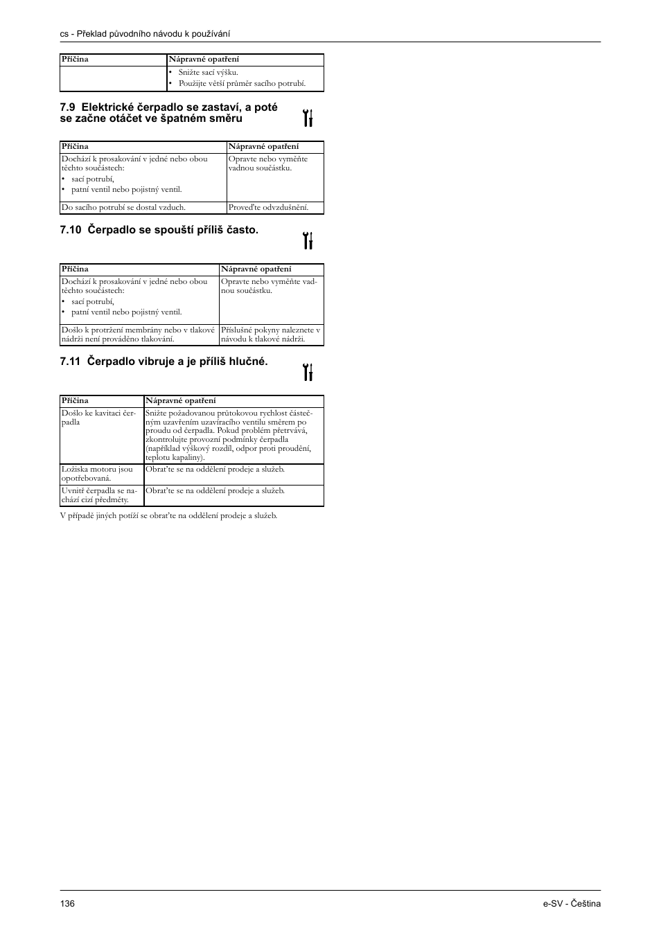 10 čerpadlo se spouští příliš často, 11 čerpadlo vibruje a je příliš hlučné | Xylem e-SV User Manual | Page 140 / 280