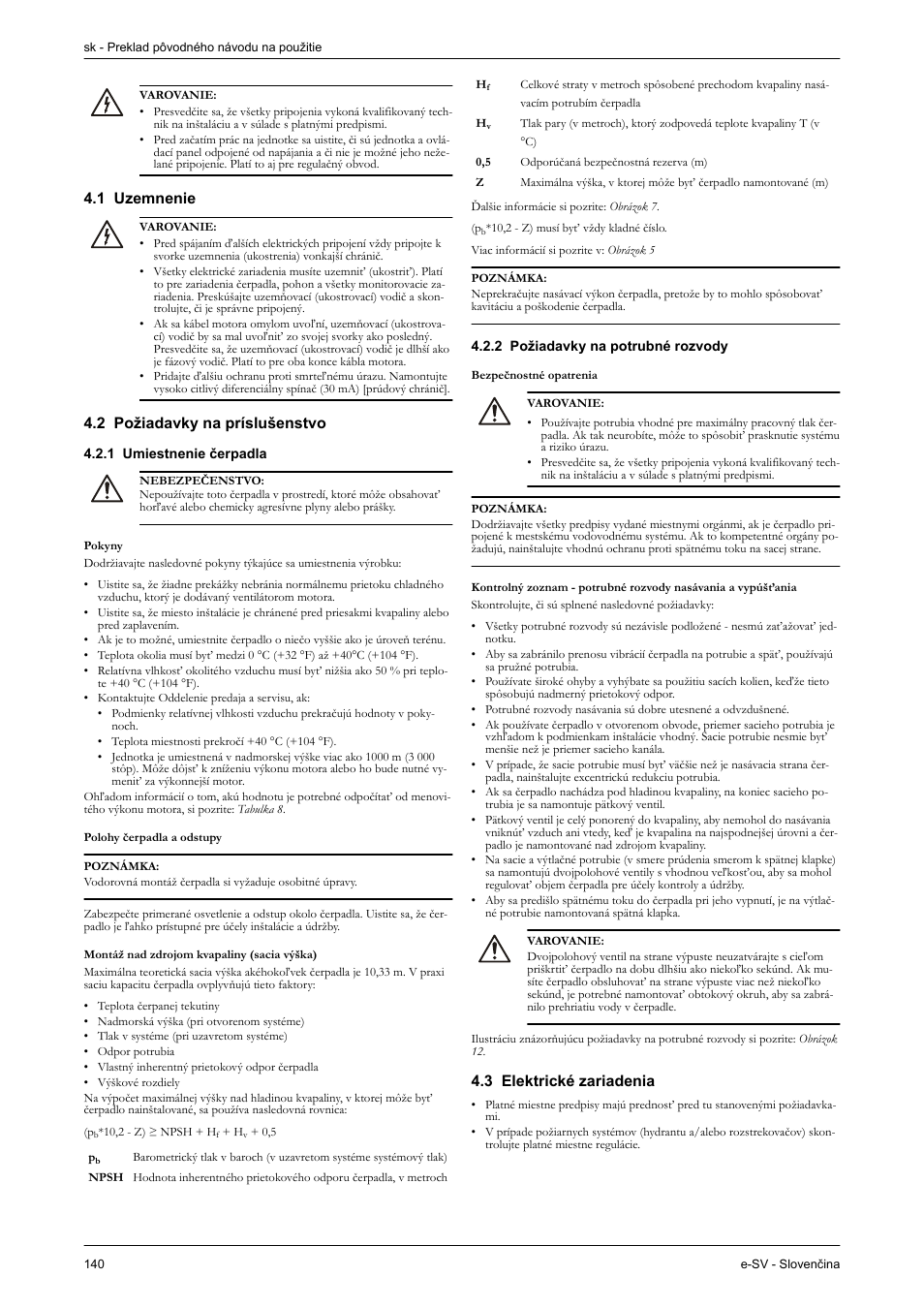 1 uzemnenie, 2 požiadavky na príslušenstvo, 1 umiestnenie čerpadla | 2 požiadavky na potrubné rozvody, 3 elektrické zariadenia | Xylem e-SV User Manual | Page 144 / 280