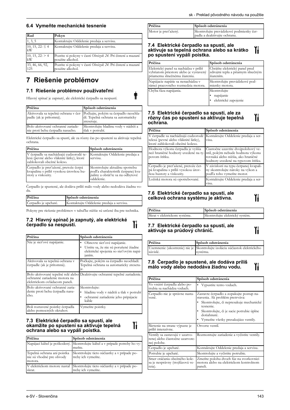 4 vymeňte mechanické tesnenie, 7 riešenie problémov, 1 riešenie problémov používateľmi | Xylem e-SV User Manual | Page 147 / 280
