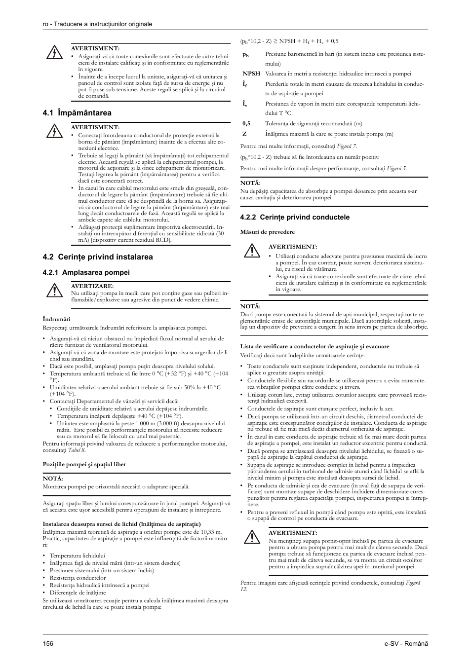 1 împământarea, 2 cerinţe privind instalarea, 1 amplasarea pompei | 2 cerinţe privind conductele | Xylem e-SV User Manual | Page 160 / 280