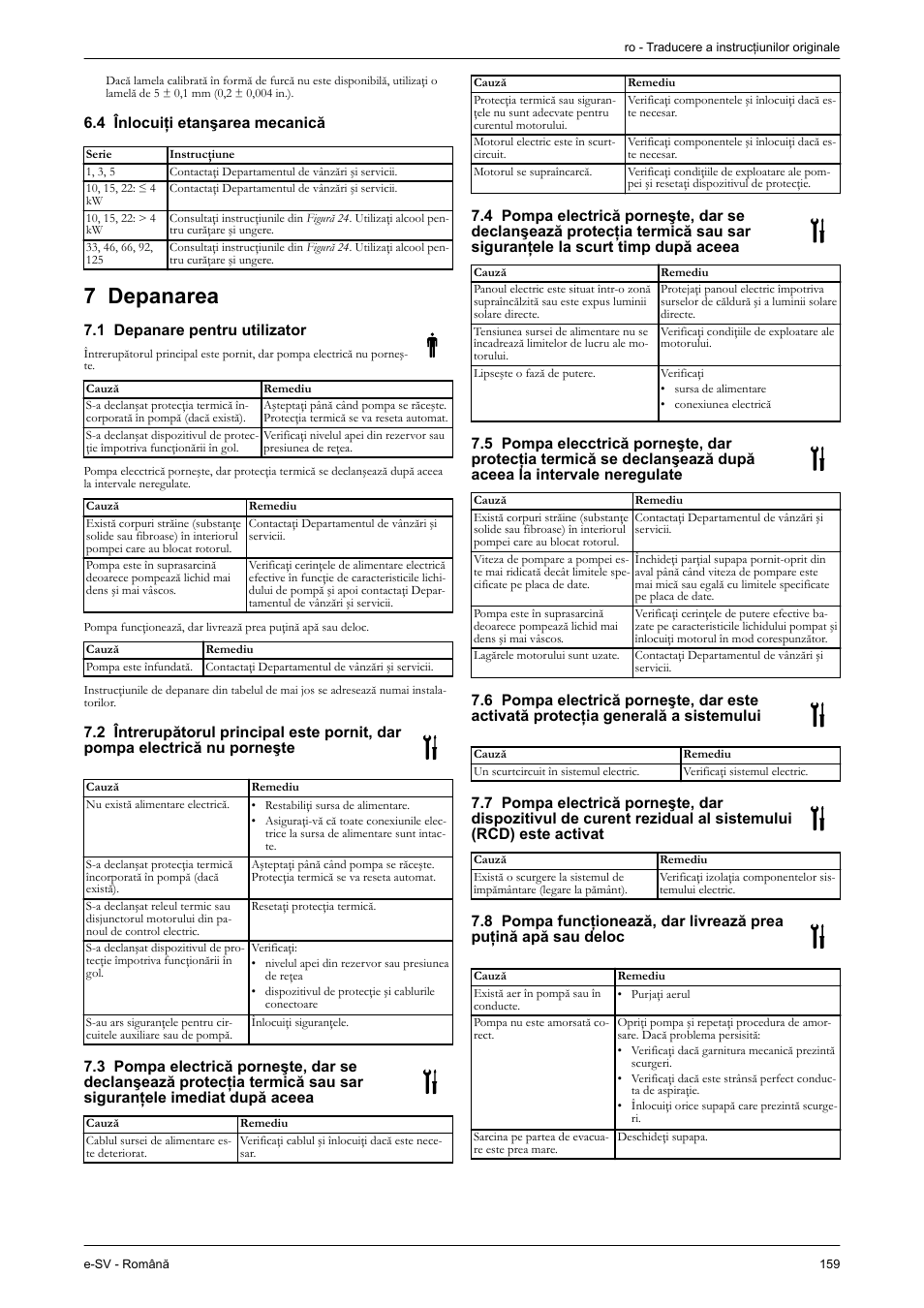 4 înlocuiţi etanşarea mecanică, 7 depanarea, 1 depanare pentru utilizator | Depanarea | Xylem e-SV User Manual | Page 163 / 280